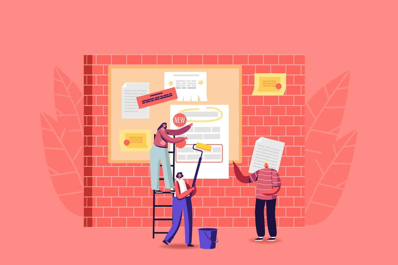 An illustration of people posting messages on a community message board — Social Current
